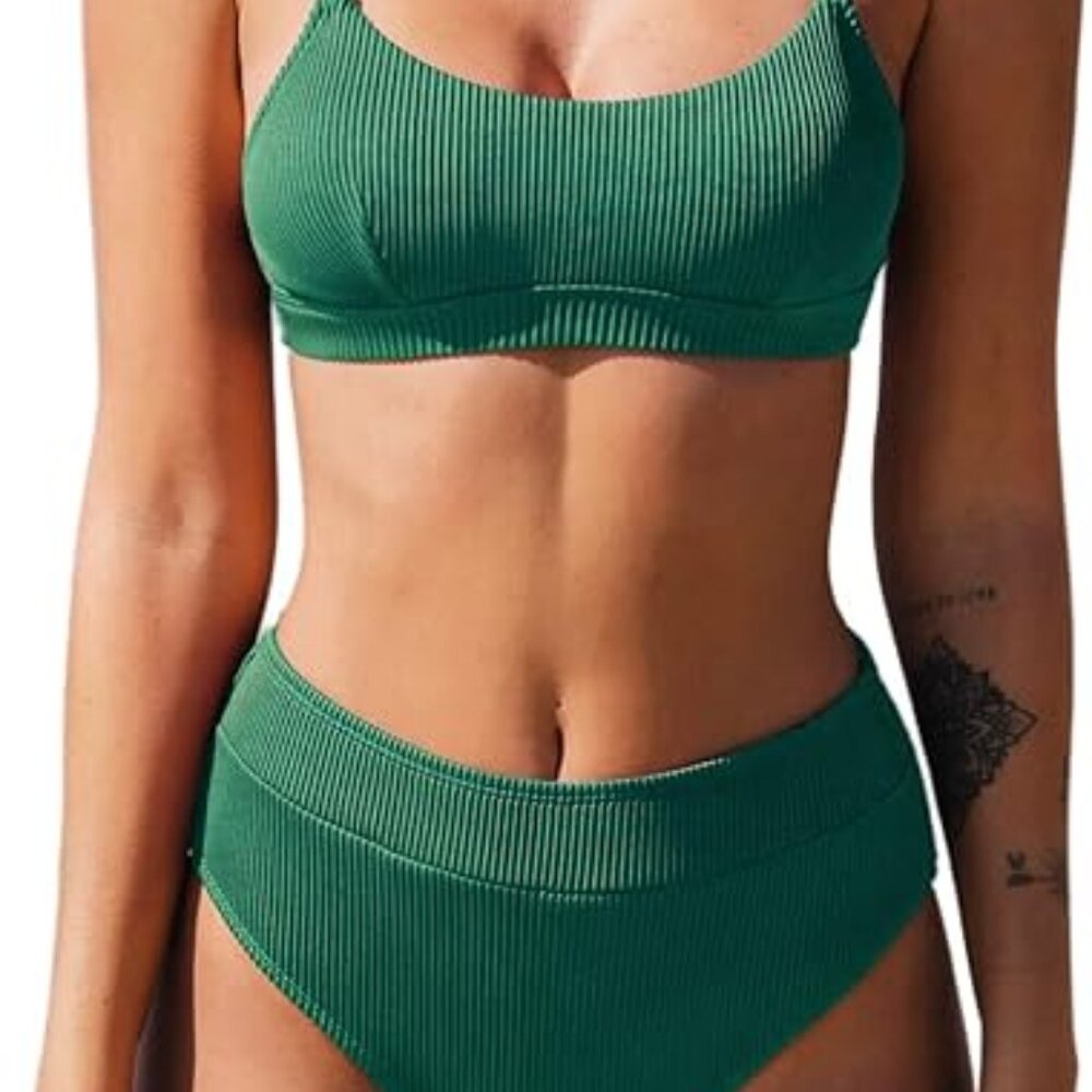 NWT Green Ribbed High Waist Bikini CUPSHE L